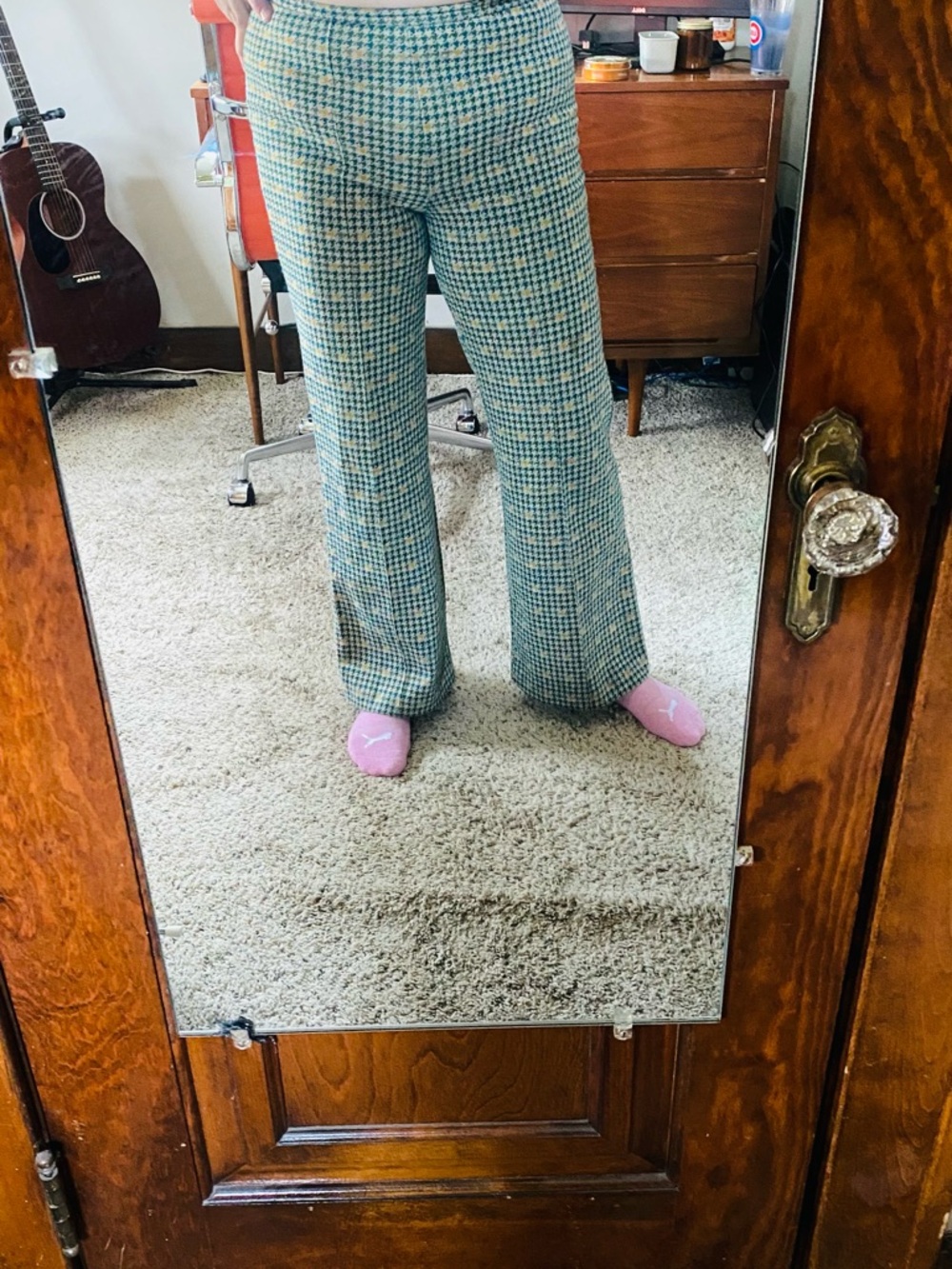 Vintage 1970s Checked Wide-Leg Trousers in Green Multi